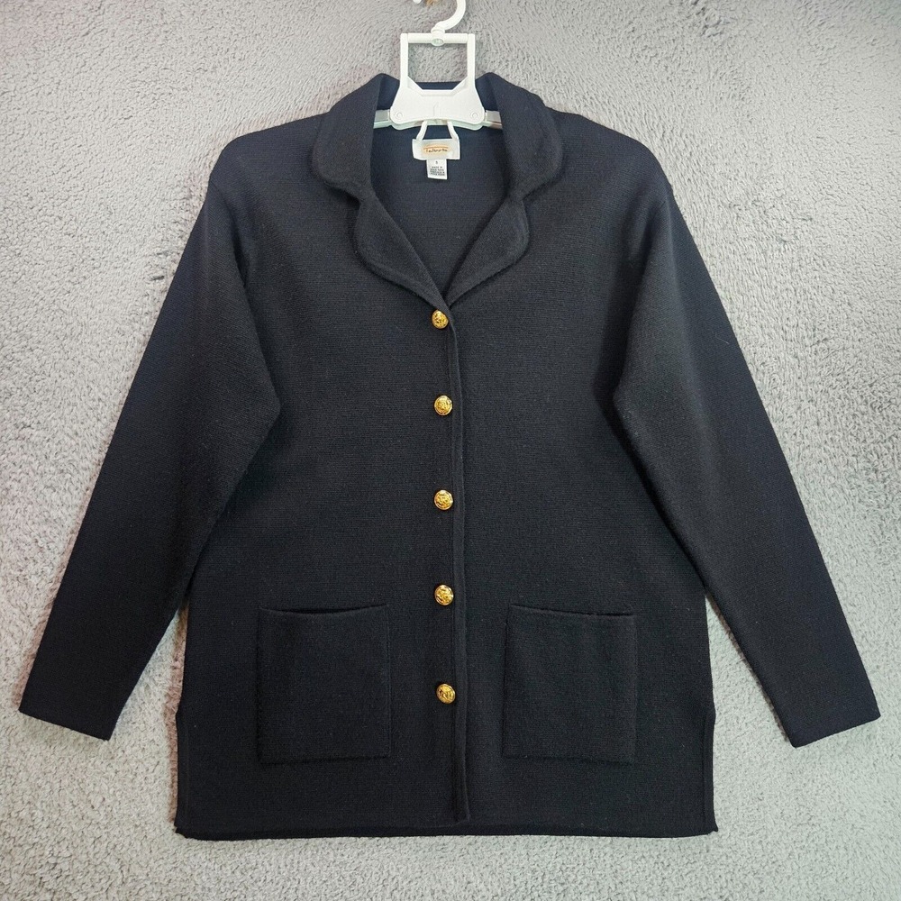 Talbots Coat Sweater Cardigan Women Small 100% Merinol Wool Gold Button Up Black